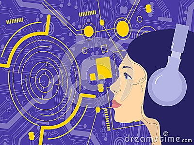 3D rendering of a cartooned girl with headphones exploring the world of music Stock Photo