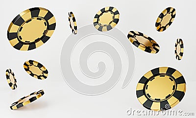 3D rendering of casino chips falling isolated on white background abstract. Black and golden casino game. Luxury gamble Stock Photo