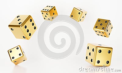 3D rendering of casino dice roll falling isolated on white background abstract. Bet, betting. Black and golden casino game. Luxury Stock Photo