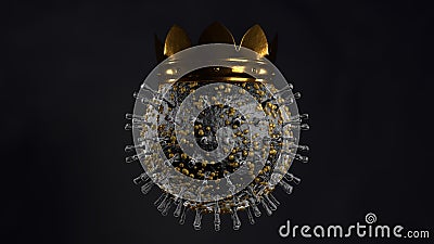 3D rendering of the cavid-19 coronavirus, with a Golden crown on a dark background. Illustration for medical banners, advertising Stock Photo
