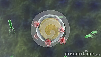 3D rendering of a cell that is attacked by viruses. The idea of immunity, the fight for the life of the body. Coronavirus in Stock Photo