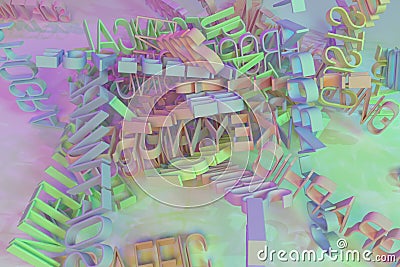 Background abstract CGI typography, computer, ICT keywords cloud for design, graphic resource. 3D rendering. Cartoon Illustration