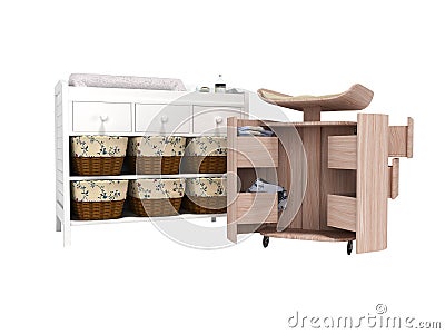3D rendering changing table cabinet and changing table transformer with shuhlyady isolated on white background no shadow Stock Photo