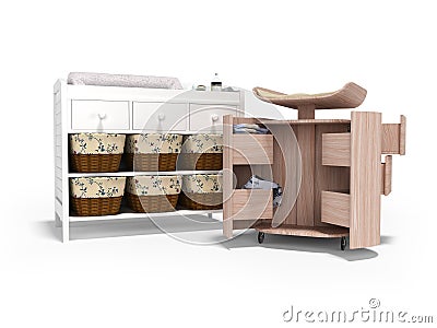 3D rendering changing table cabinet and changing table transformer with shuhlyady isolated on white background with shadow Stock Photo