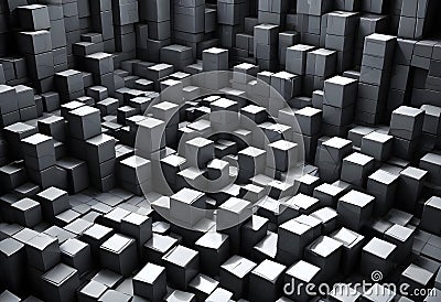 3D rendering of a chaotic arrangement of silver cubes, creating a textured and abstract composition. The cubes are Vector Illustration