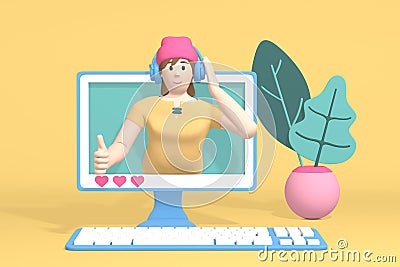 3D rendering character blogger channel music. Cartoon happy hipster girl in a hat and headphones in the monitor listens to music. Stock Photo