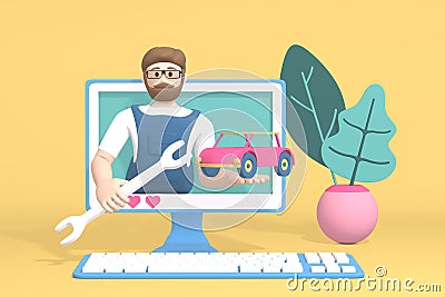 3D rendering character car blogger channel. A cartoon man in the monitor shows a transport and a tool. Abstract minimal concept of Stock Photo