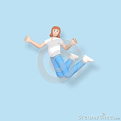 3D rendering character a young, happy, cheerful girl jumping and dancing on a blue background. Abstract minimal concept youth, Stock Photo