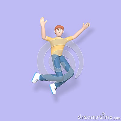 3D rendering character a young, happy, cheerful guy jumping and dancing on a purple background. Abstract minimal concept youth, Stock Photo