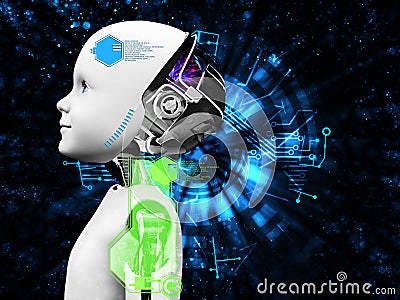 3D rendering of child robot head technology concept. Stock Photo