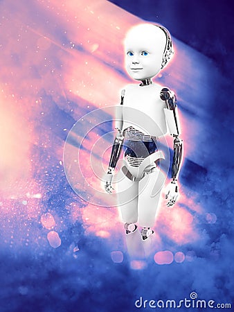 3D rendering of child robot with space background. Stock Photo