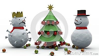 3d rendering of a christmas tree with coronavirus toys. There are snowmen on both sides. One snowman in the form of a coronavirus Stock Photo