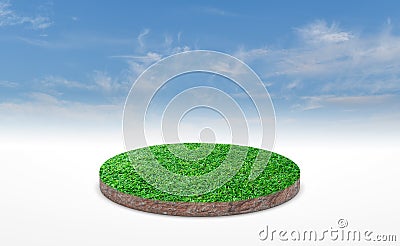 3d rendering, circle podium of land meadow. Soil ground cross section with green grass over blue sky Stock Photo