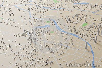 3D rendering city map illustration of a city map created using 3D modeling. Top view of Urban map with main road and sub road Cartoon Illustration