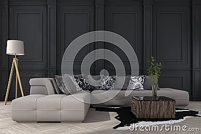 3d rendering classic black wall with sofa Stock Photo