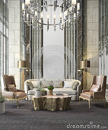 3d rendering classic luxury living room with chandelier and decor Stock Photo