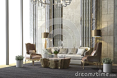 3d rendering classic luxury living room with chandelier and decor Stock Photo