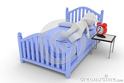 3D rendering from a clay character on a bed is turning to switch off the alarm clock Stock Photo