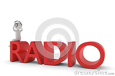 3D rendering from a clay character with a headphone sitting on a red extruded radio text Stock Photo