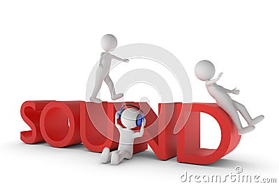 3D rendering from a clay character with a headphone sitting on a red extruded sound text Stock Photo