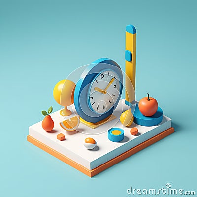 3d rendering of a clock, apple, apple on a clock, a clock, 3d illustration 3d rendering of a clock, apple, apple on a clock, a Cartoon Illustration