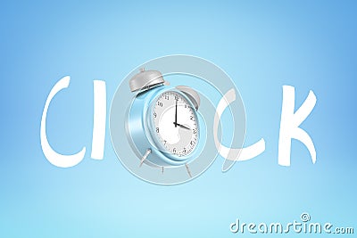 3d rendering of `CLOCK` sign with blue alarm clock instead of `O` on blue background Stock Photo