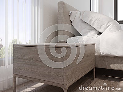 3D rendering close upof night table or bedside table with modern bed Stock Photo