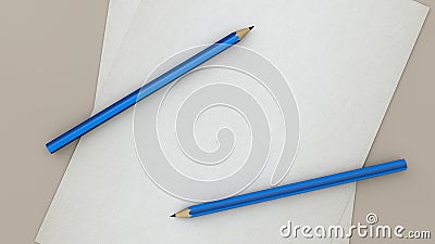 Close up of white paper and two horizontal blue pencil, blank empty space for copy. Stock Photo