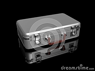 3D- rendering. The closed aluminum case rests on a glossy black surface Stock Photo