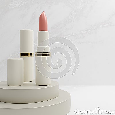3D rendering closeup lipstick on podium with marble background Stock Photo