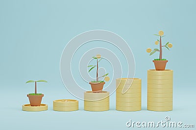 3D Rendering. Coins stack growth graph with tree. Stock Photo