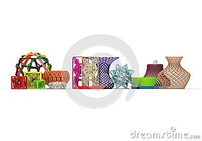 3D rendering of collection of complex typical 3D print products Stock Photo