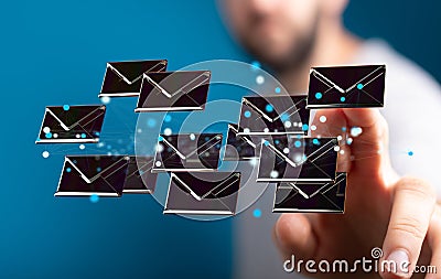 3d rendering of collection of emailing and messaging icons with a businessman in the background Stock Photo