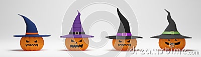 3D rendering. Collection of Halloween pumpkin wearing a witch hat on white background Stock Photo