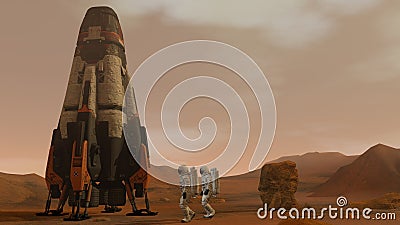 3D rendering. Colony on Mars. Two Astronauts Walking On The Surface Of Mars. Exploring Mission To Mars. Futuristic Colonization Stock Photo