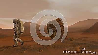 3D rendering. Colony on Mars. Two Astronauts Wearing Space Suit Walking On The Surface Of Mars Stock Photo