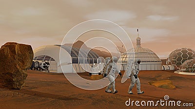 3D rendering. Colony on Mars. Two Astronauts Wearing Space Suit Walking On The Surface Of Mars Stock Photo