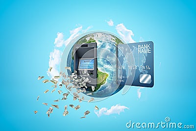 3d rendering of colored earth globe with built ATM machine, bank card sticking out and dollars in the air on blue sky Stock Photo