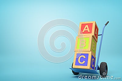 3d rendering of colorful alphabet toy blocks showing `ABC` sign on a hand truck on blue background Stock Photo