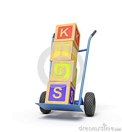 3d rendering of colorful alphabet toy blocks showing `PLAY` sign on a hand truck Stock Photo