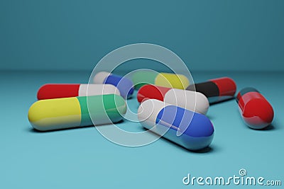 3D rendering Colorful capsules pills. Stock Photo