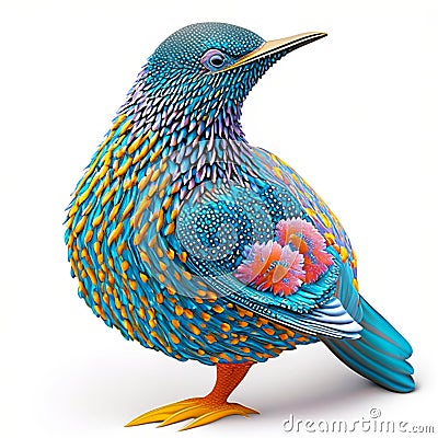 3D rendering of a colorful starling isolated on white background. AI Generated Stock Photo