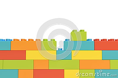 3d rendering of colorful wall made of many toy bricks with one piece staying unused on white background. Stock Photo