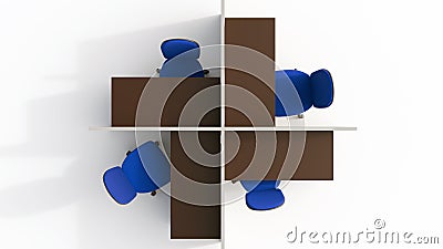 A 3d rendering of compact office layout with four empty cubicles Stock Photo