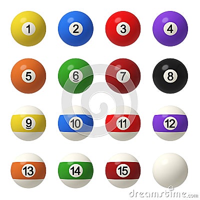 3d rendering of a complete set of billiard balls in front view with different colors and numbers. Stock Photo