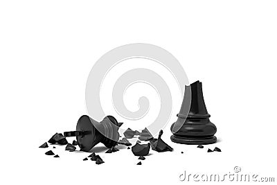 3d rendering of a completely broken black chess king lies in rubble on a white background. Stock Photo