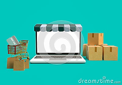 3d rendering of computer laptop, cart, box, credit card and shopping bag on blue background. 3d minimal concept for marketing Stock Photo