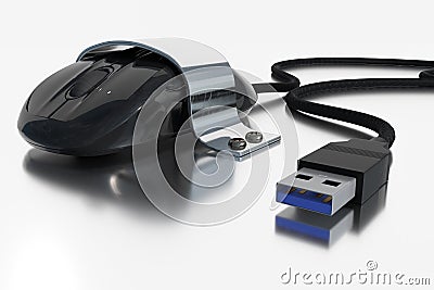 3D rendering of a computer mouse which is screwed with a metal holder Stock Photo