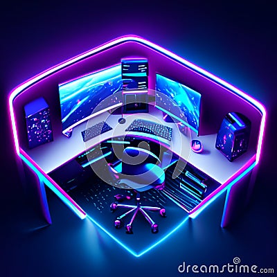 3d rendering of a computer room with a lot of personal computers AI Generated Stock Photo