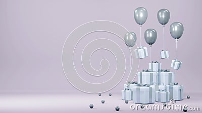 3D Rendering concept of anniversary: stack of gift boxes, balloons floating for commercial design. Stock Photo